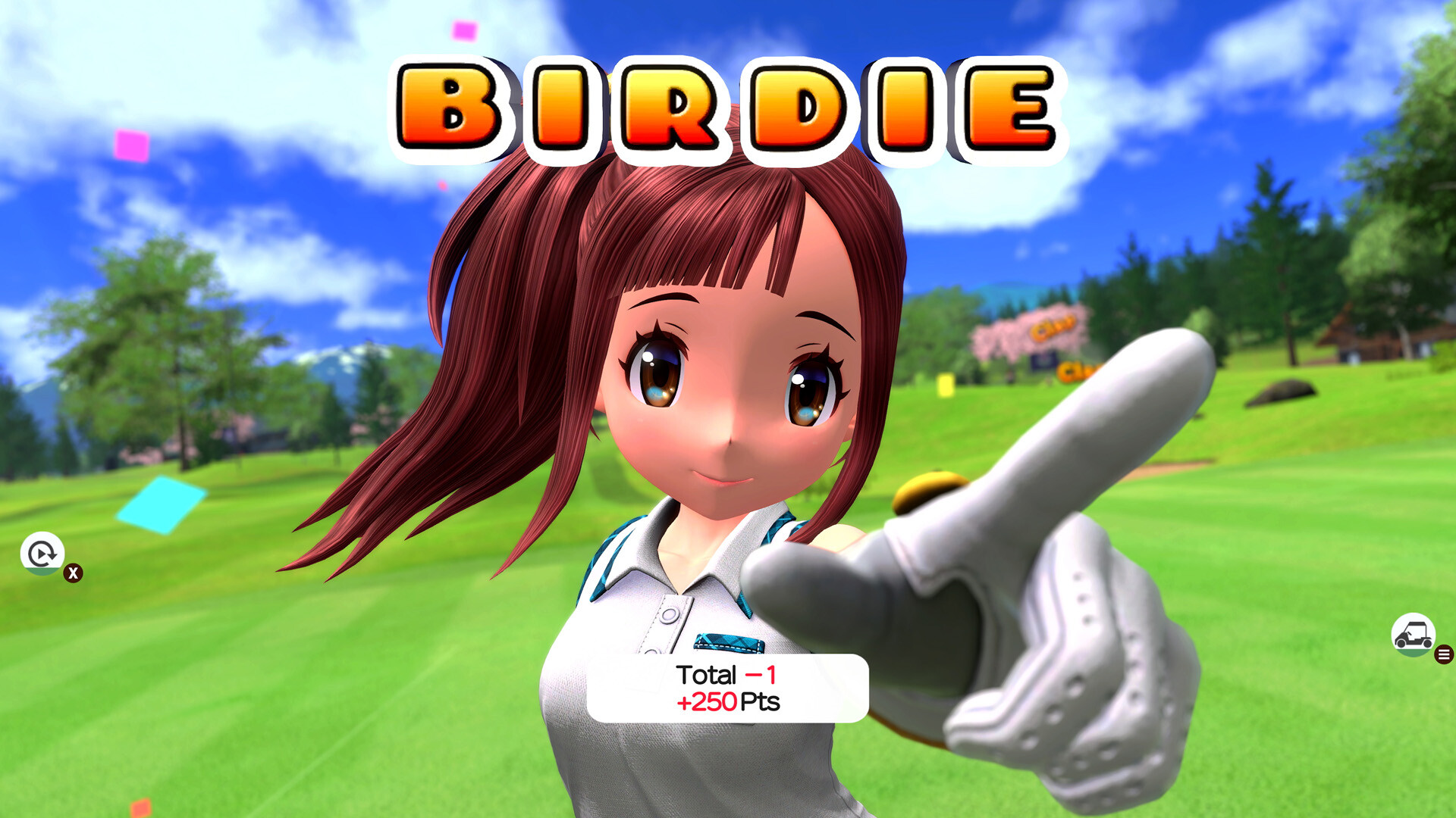 Anime-Mädchen feiert Birdie im Golfspiel. Text 'Birdie' darüber. Anzeigetafel zeigt '-1 +250 Pts'. Grünes Feld, blauer Himmel.
