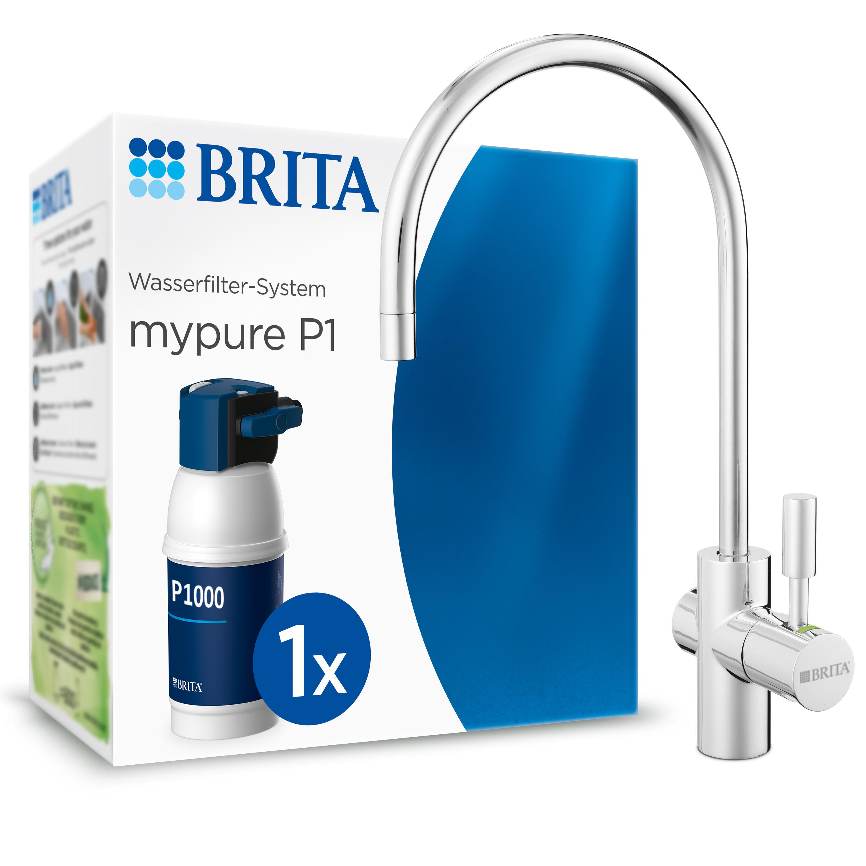 Ein Brita Wasserfiltersystem mit Wasserhahn. Die Verpackung zeigt den Filter und den Markennamen. Der Wasserhahn ist verchromt.