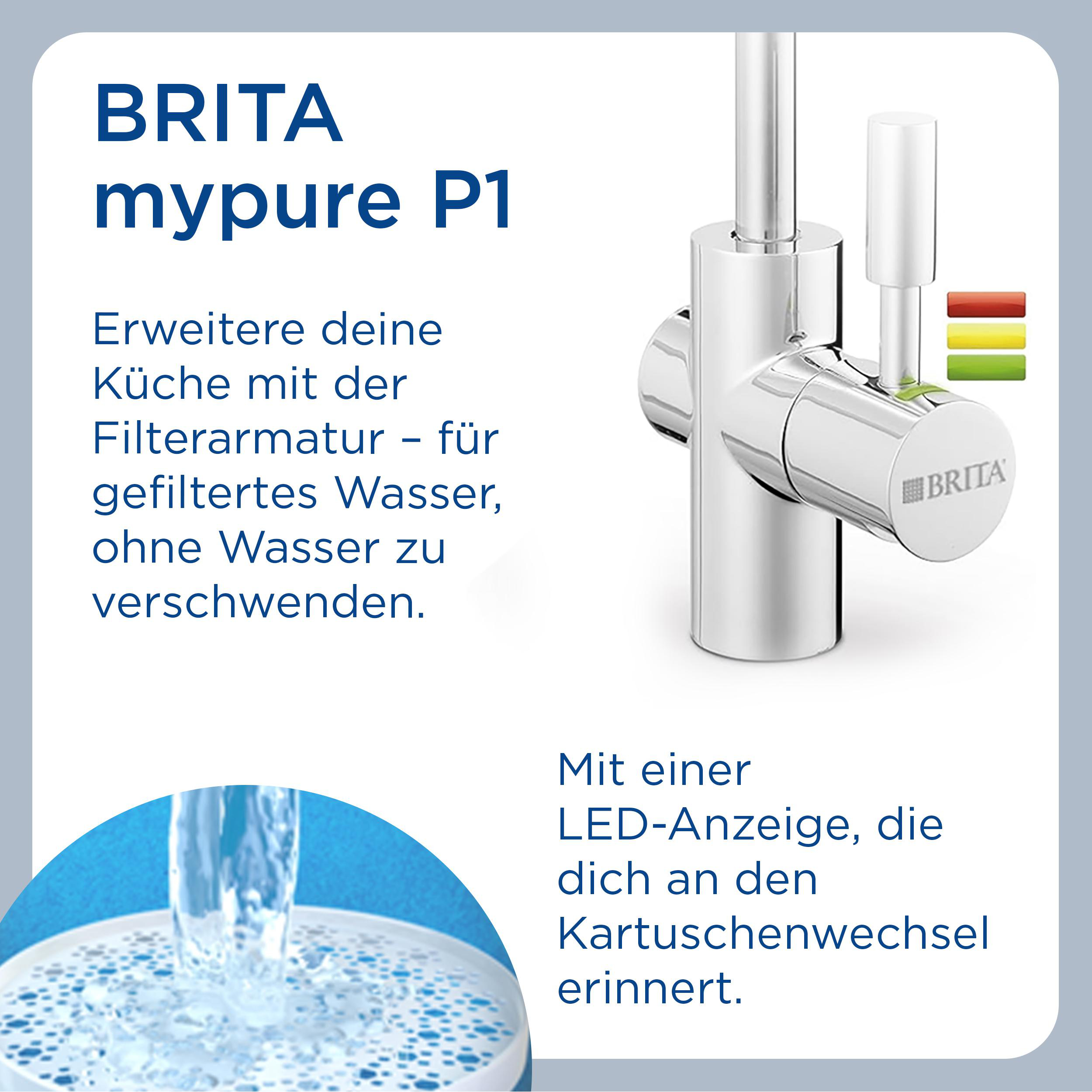 Ein verchromter Wasserfilterhahn. Text lautet 'BRITA mypure P1'. Zeigt Wasser fließen. Hat eine LED-Anzeige.