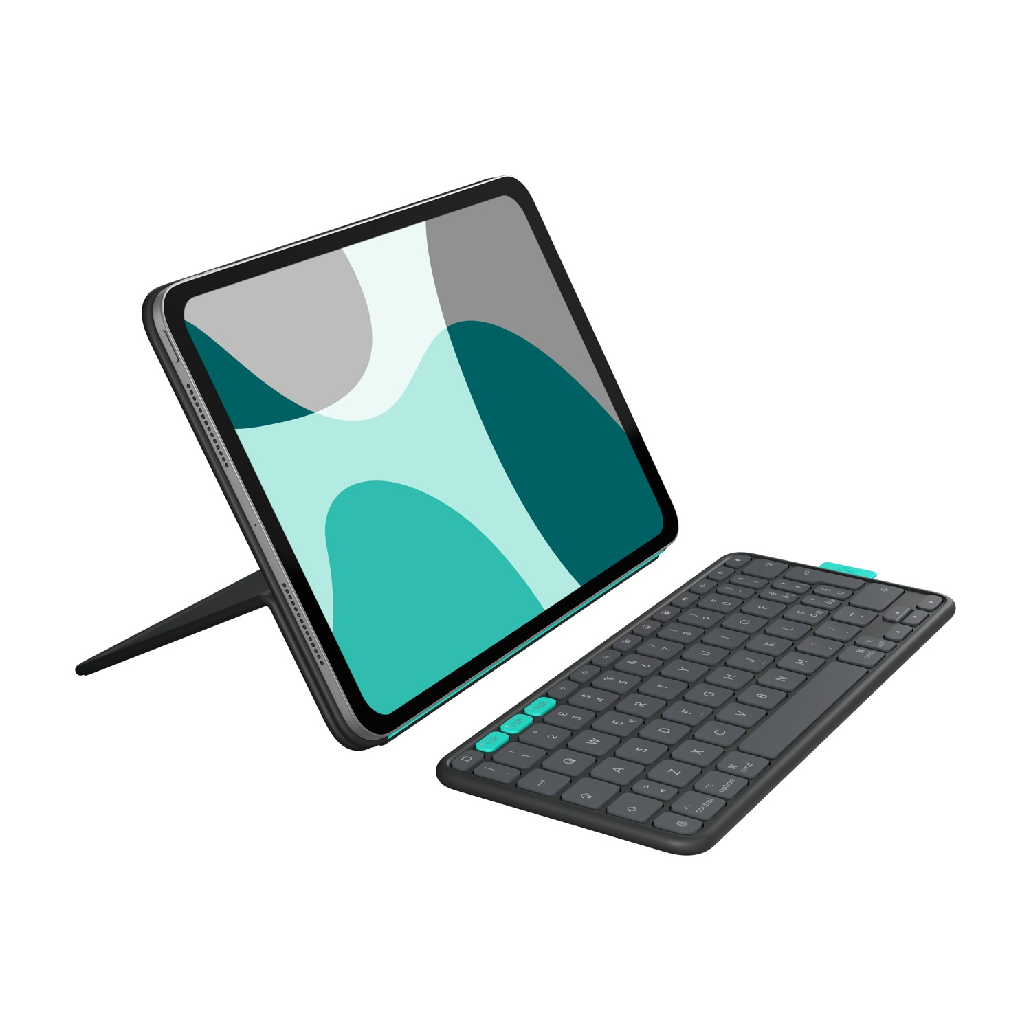 Tablet con supporto e tastiera separati. Lo schermo del tablet è turchese e grigio. La tastiera è grigia con dettagli turchese.