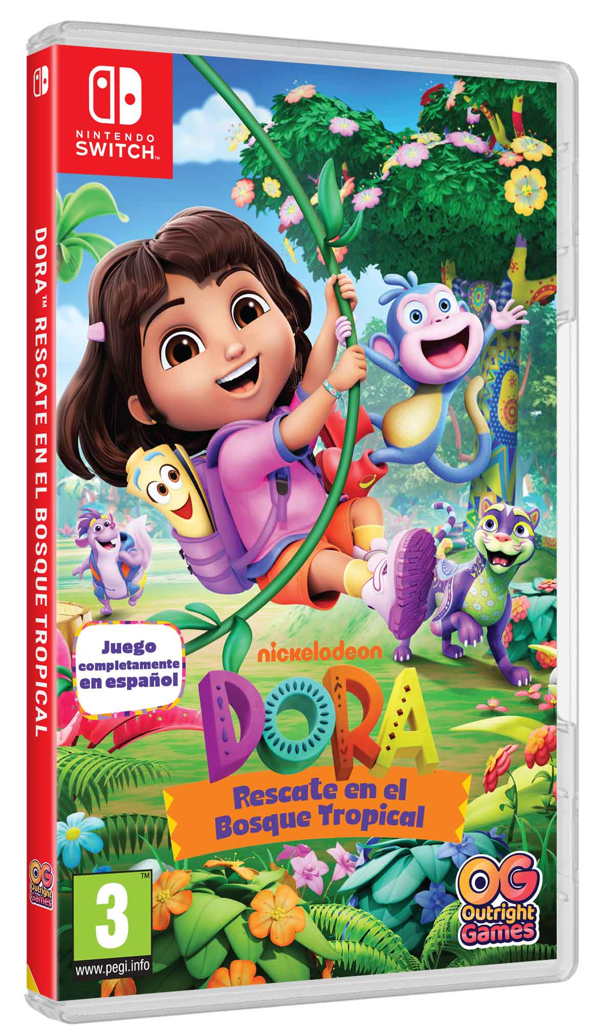 Dora se balancea en una liana. Un mono y una criatura felina están cerca. La portada es para un juego de Nintendo Switch: Dora Rescate en el Bosque Tropical.