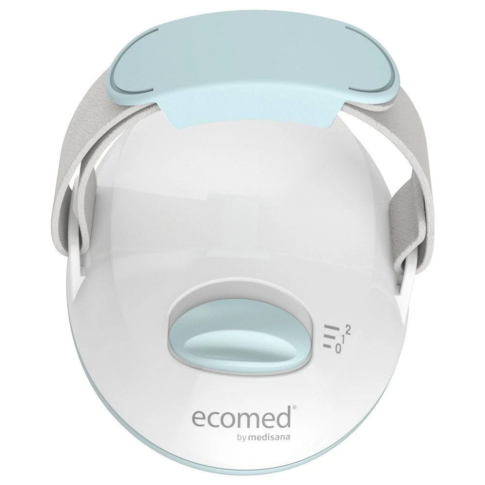 Un dispositivo médico blanco con parte superior azul, botón y correa gris claro. La marca 'ecomed' está impresa abajo.
