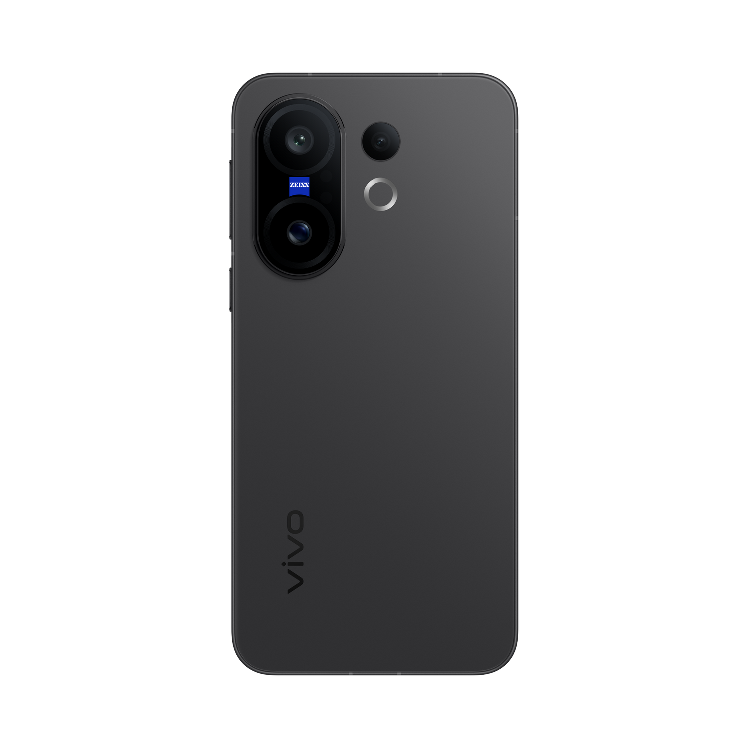 Un smartphone gris oscuro. Tiene un módulo de cámara con tres lentes y el logotipo de Zeiss. El logotipo de Vivo está en la parte inferior.