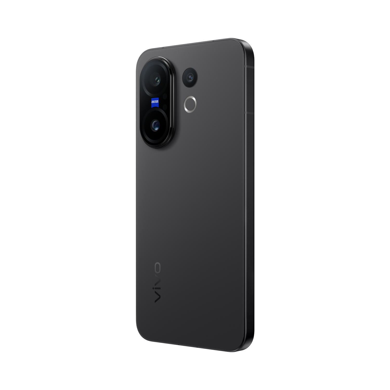Se muestra un smartphone Vivo negro. Tiene múltiples lentes de cámara y el logotipo de Zeiss. El fondo es de color gris sólido.