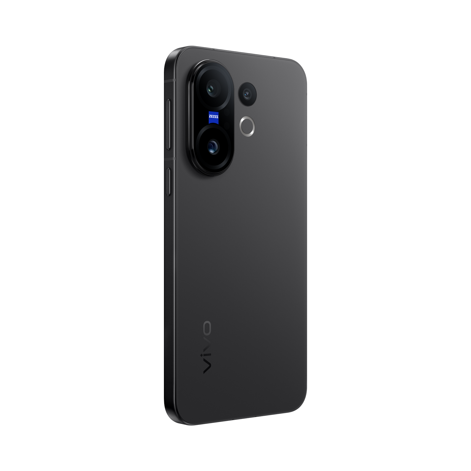 Un teléfono inteligente gris oscuro con tres cámaras, un logotipo de Zeiss y un logotipo de VIVO sobre un fondo gris.