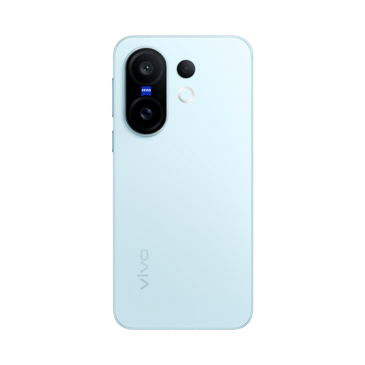 Parte trasera de smartphone azul claro. Arriba, lentes de cámara con logo Zeiss. Anillo plateado y lentes negras. Logo 'Vivo' abajo.