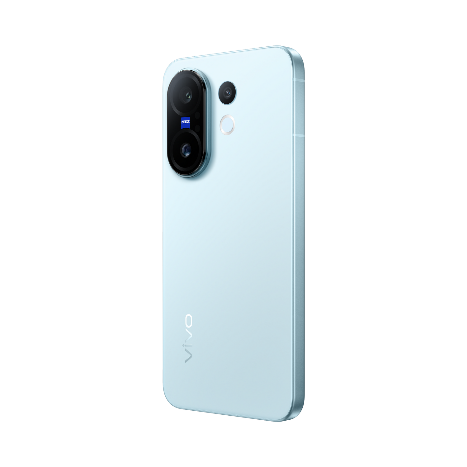 Un teléfono inteligente azul claro con un sistema de cámara de triple lente se muestra desde un ángulo lateral sobre un fondo gris.