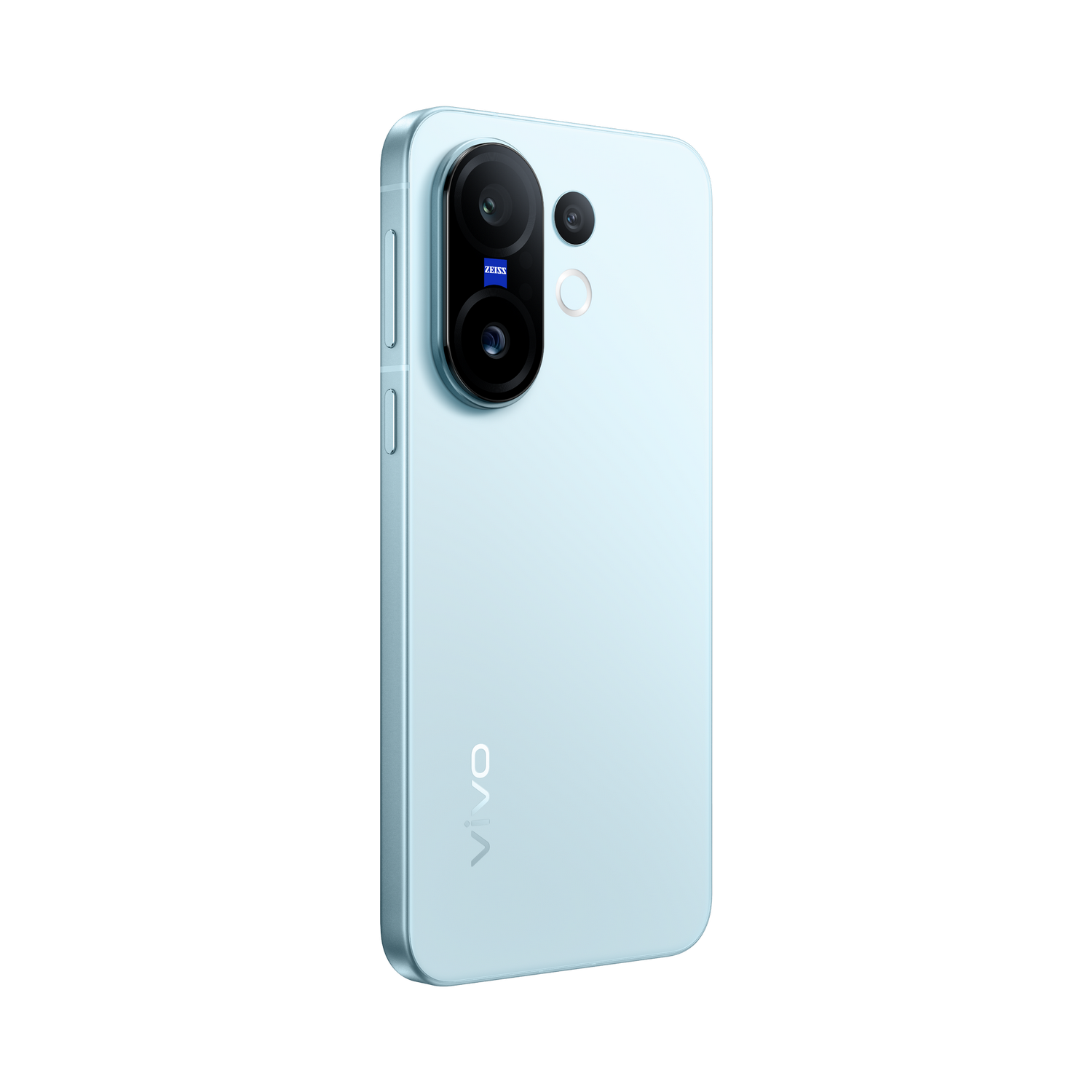 Un teléfono inteligente azul claro con tres cámaras traseras. Se ve el logotipo de Zeiss. El teléfono tiene el logotipo de Vivo en la parte trasera.