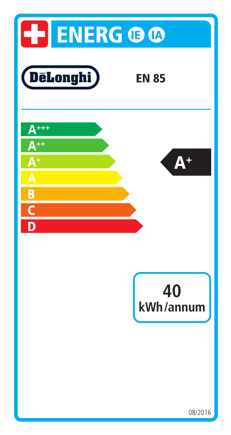 Energia címke svájci zászlóval, DeLonghi logóval, energiahatékonysági besorolásokkal és '40 kWh/év'.