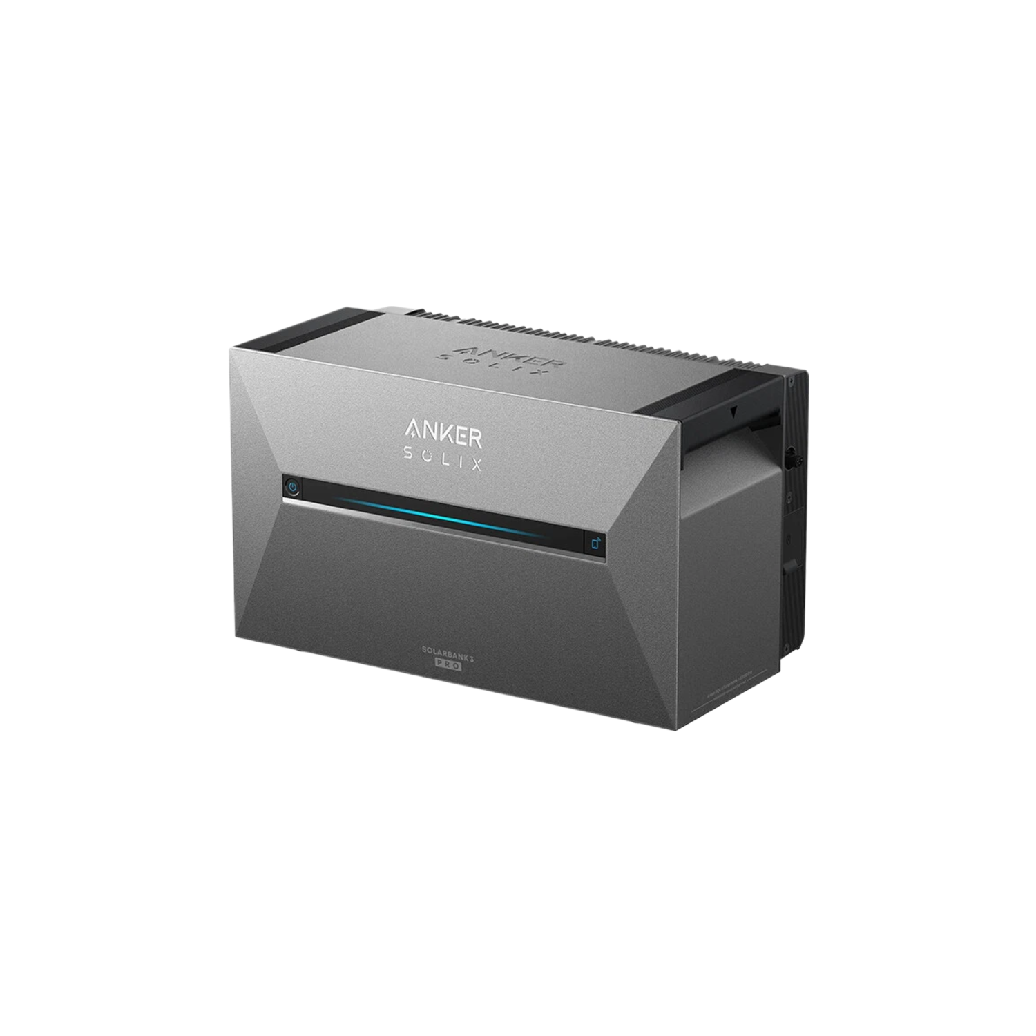 Een zilveren Anker Solix-apparaat op een zwarte achtergrond. Het is een rechthoekig apparaat met de merknaam boven en onder.