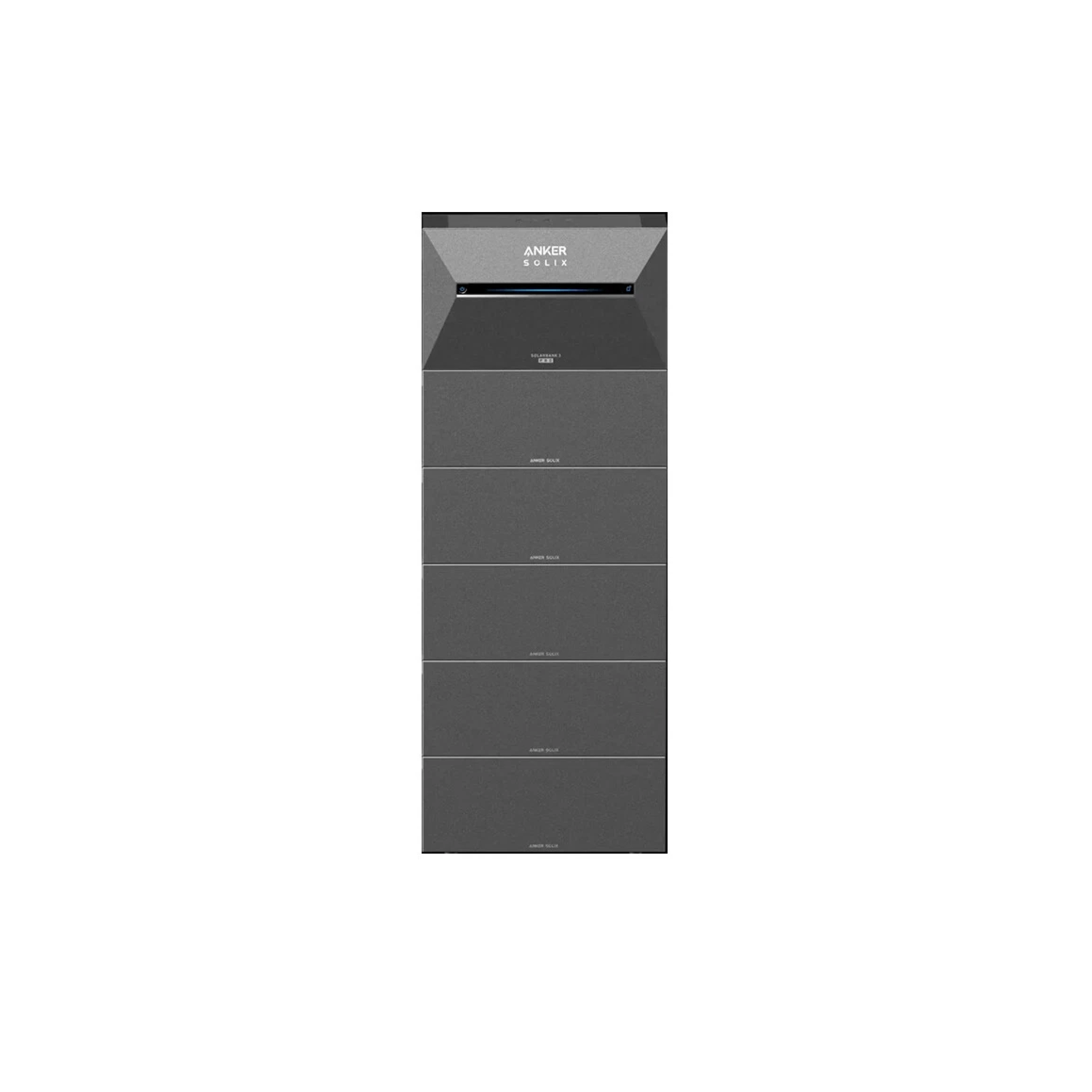 Anker Solix power station. A dark gray rectangular device with multiple stacked sections, the brand's logo is visible at the top.