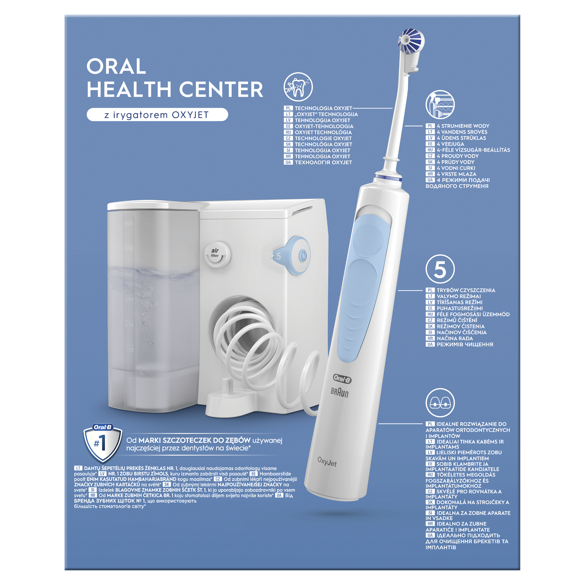 Produkt do higieny jamy ustnej Oral-B OxyJet, ze zbiornikiem na wodę i główką szczoteczki.