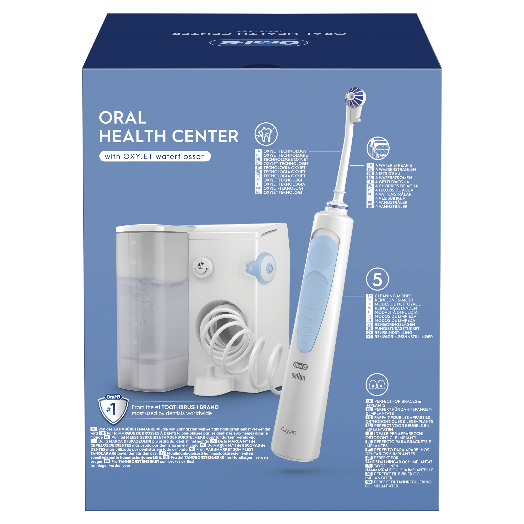 Zapakowany irygator Oral-B OxyJet. Ma biało-niebieski uchwyt, zbiornik na wodę i szczegóły produktu.