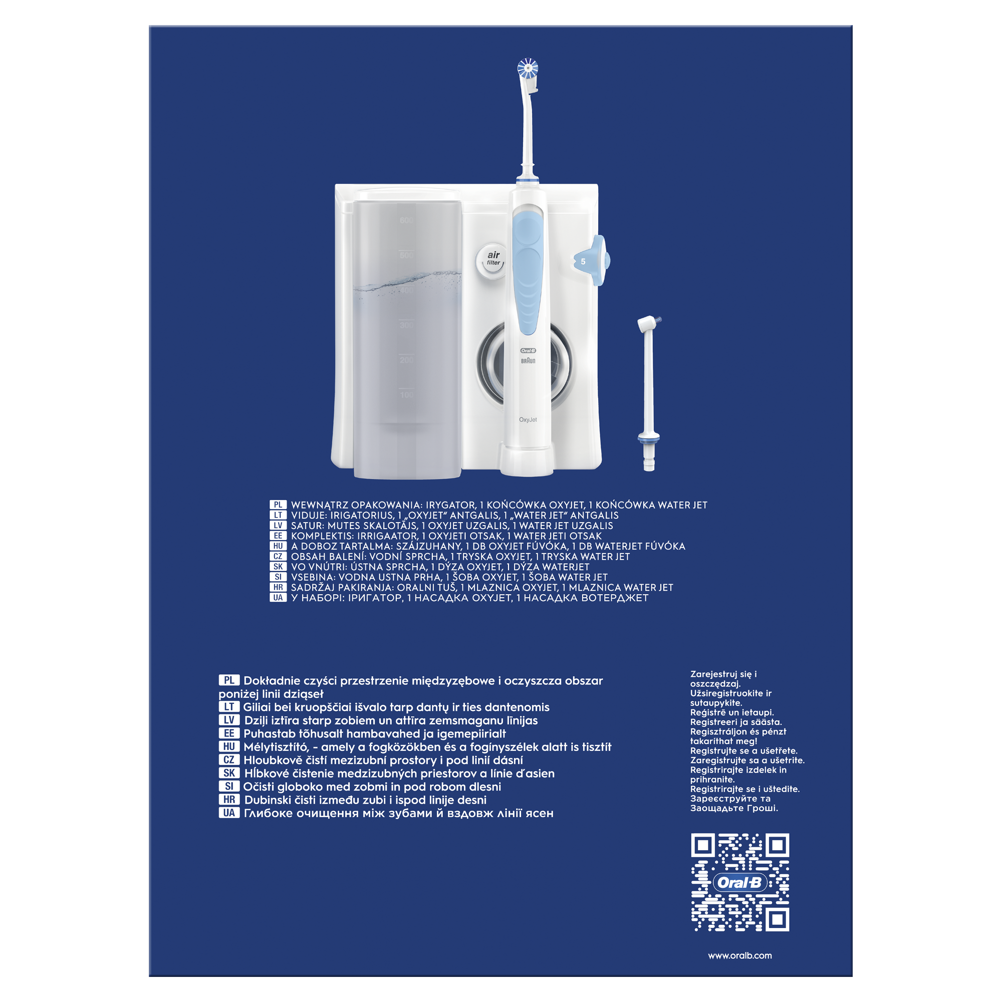 Irygator Oral-B OxyJet z pojemnikiem, szczoteczką do zębów i dodatkową dyszą na niebieskim tle.
