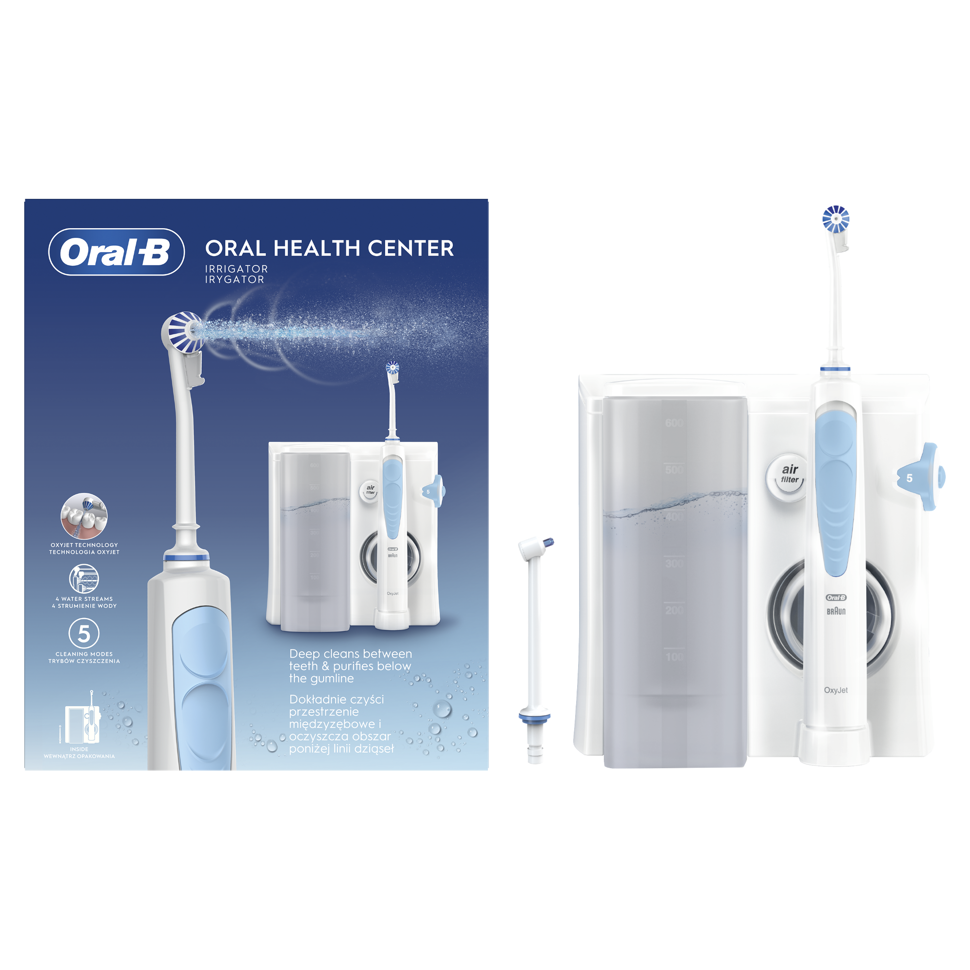 Centrum Zdrowia Jamy Ustnej Oral-B. Posiada biały irygator i niebiesko-białą rączkę. Pokazuje strumienie wody.