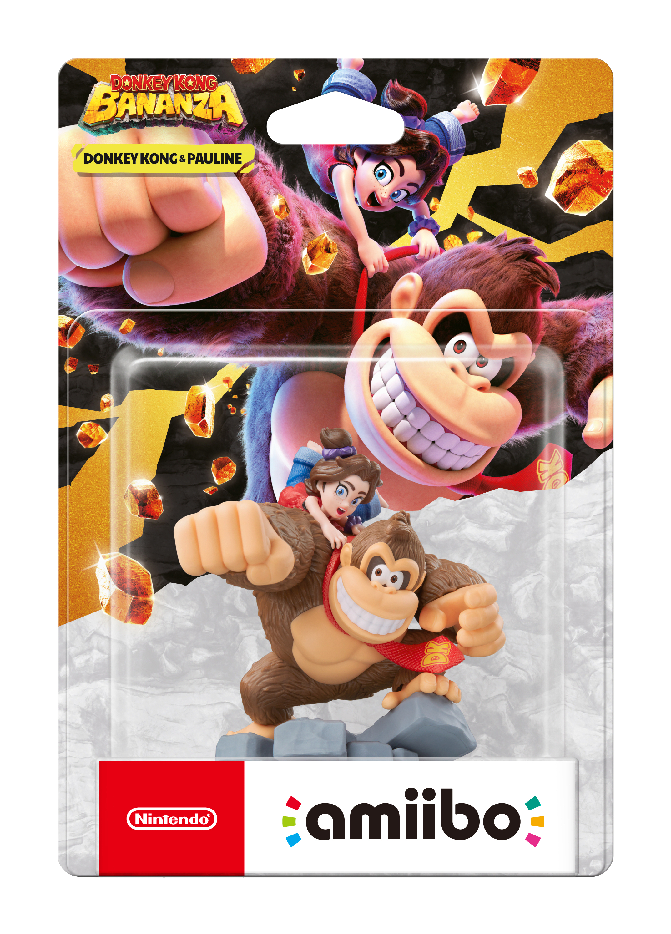 Amiibo-Verpackung zeigt Donkey Kong und Pauline. Der Hintergrund hat das Donkey Kong Bananza-Logo und fallende Edelsteine.