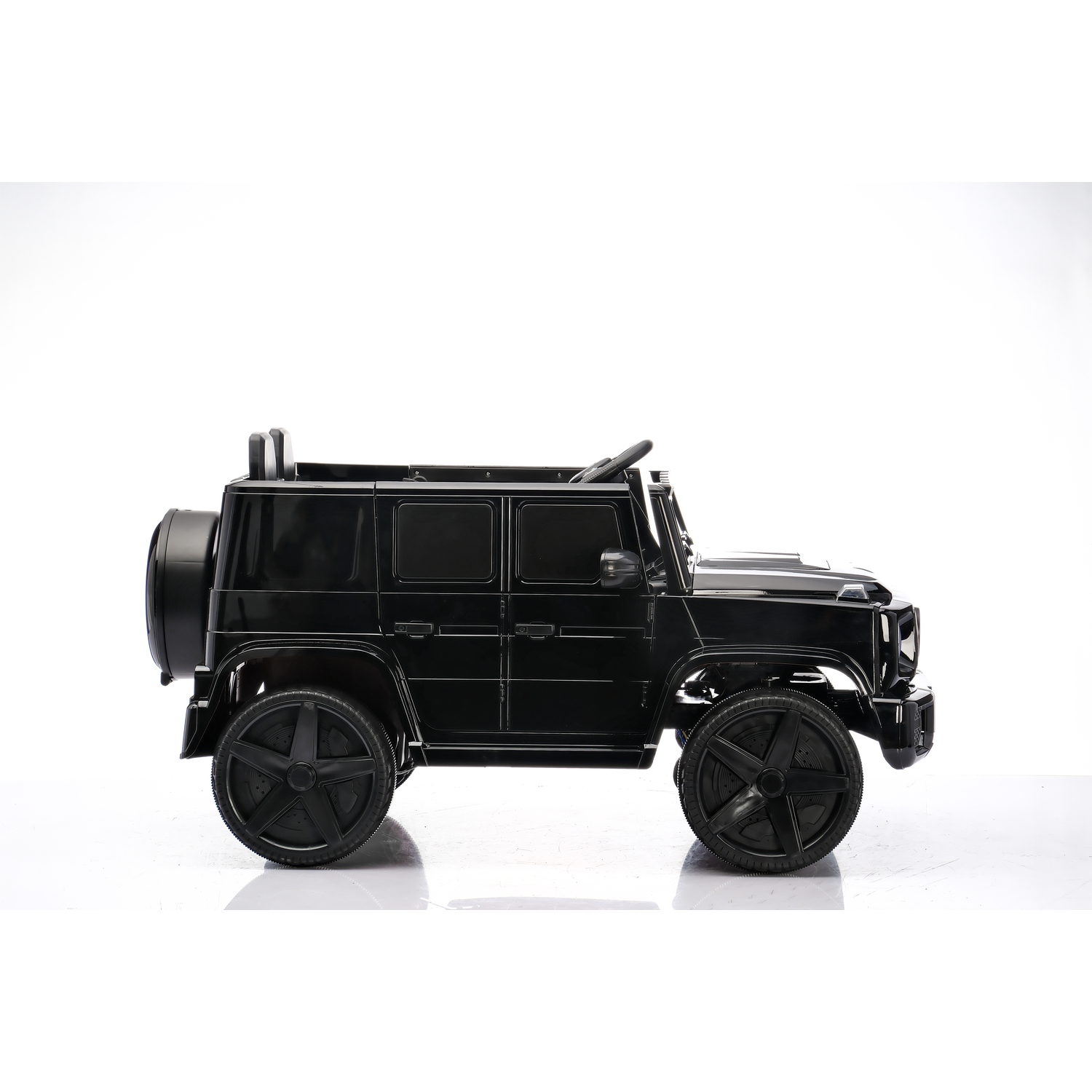 A black toy SUV is seen from the side against a white background. It has large wheels and a spare tire.