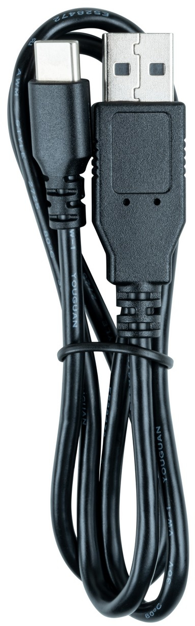 Fekete USB kábel USB-C és USB-A csatlakozóval. A kábel fel van tekerve, fehér háttérrel.