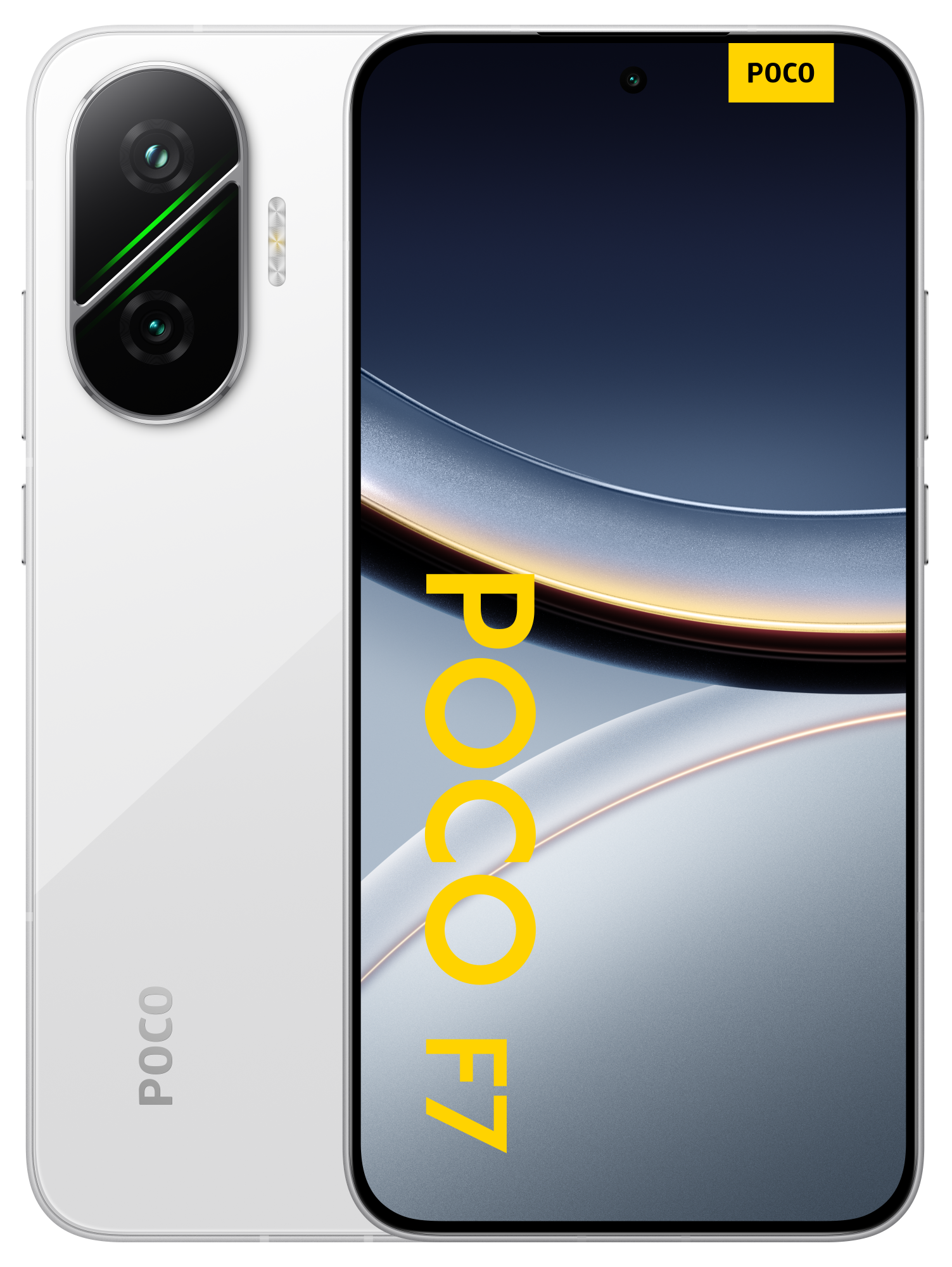 Biały telefon Poco F7. Telefon ma konfigurację z trzema aparatami i ekran wyświetlający gradientowe tło. Widoczne jest logo Poco.