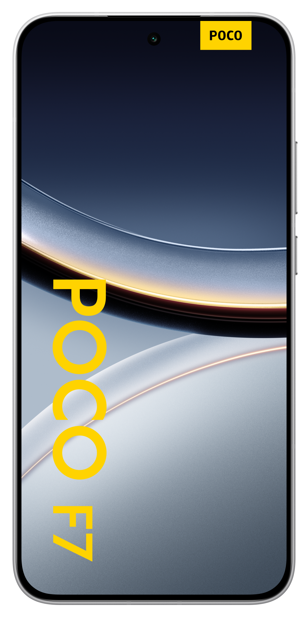 Ekran smartfona wyświetla żółte logo POCO F7. Ekran ma niebiesko-szary abstrakcyjny design. Telefon ma srebrną ramkę.