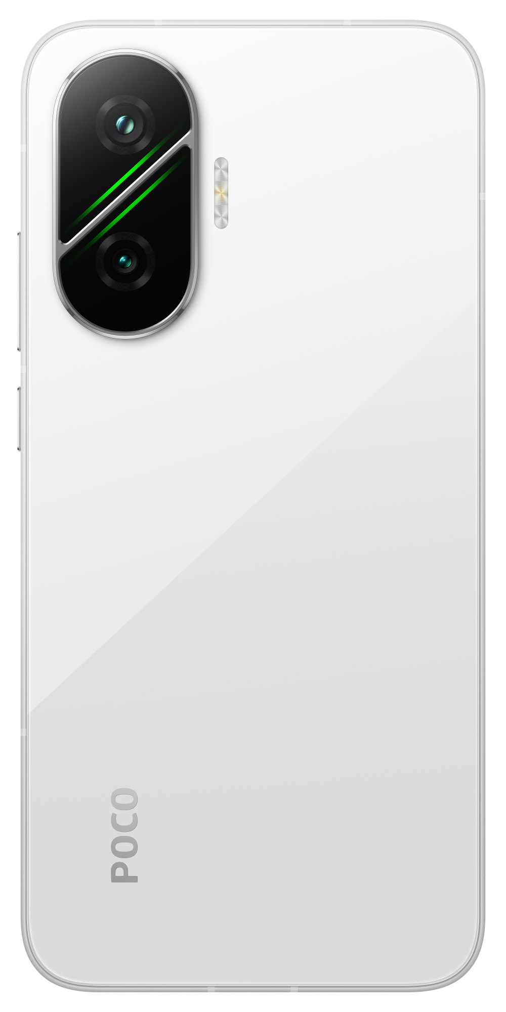 Biały tył smartfona z potrójnym aparatem, lampą błyskową i logo POCO. Aparat ma czarne i zielone detale.