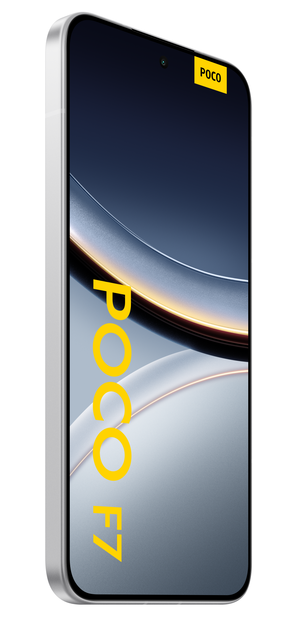 Srebrny telefon z ekranem wyświetlającym zakrzywiony design w kolorze szarym i niebieskim. Telefon ma logo POCO i F7.