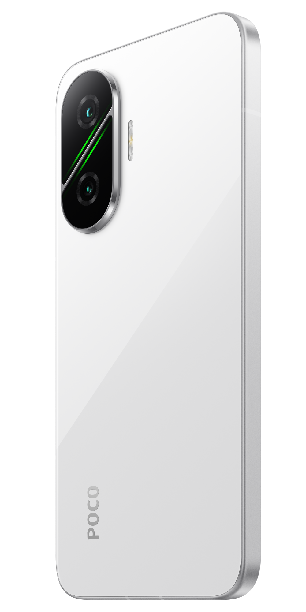 Biały smartfon z modułem aparatu. Widoczne logo POCO. Srebrna ramka i błyszczący biały tył.