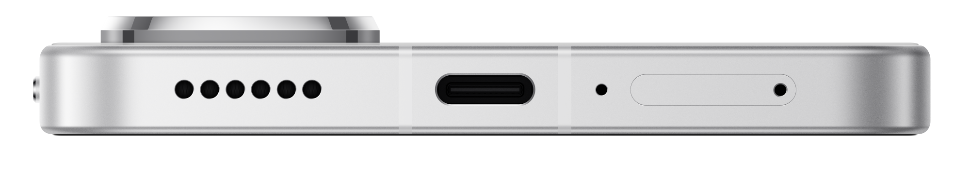 Widok z boku srebrnego smartfona. Zawiera otwory głośników, port USB-C, mikrofon i błyszczącą ramkę aparatu.