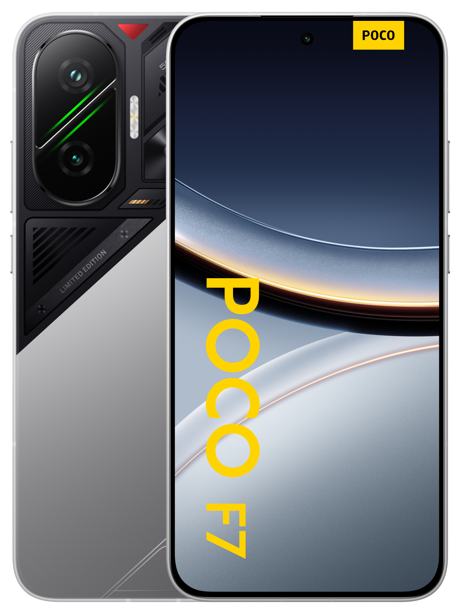 Wyświetlany jest srebrny telefon Poco F7. Pokazuje logo Poco i design telefonu. Moduł aparatu jest czarny.