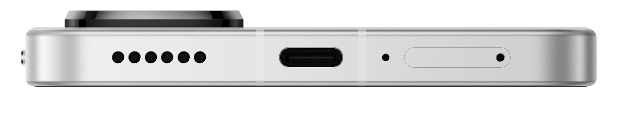 Widok z boku srebrnego smartfona. Posiada obiektyw, otwory głośnika, port USB-C i małą szczelinę.