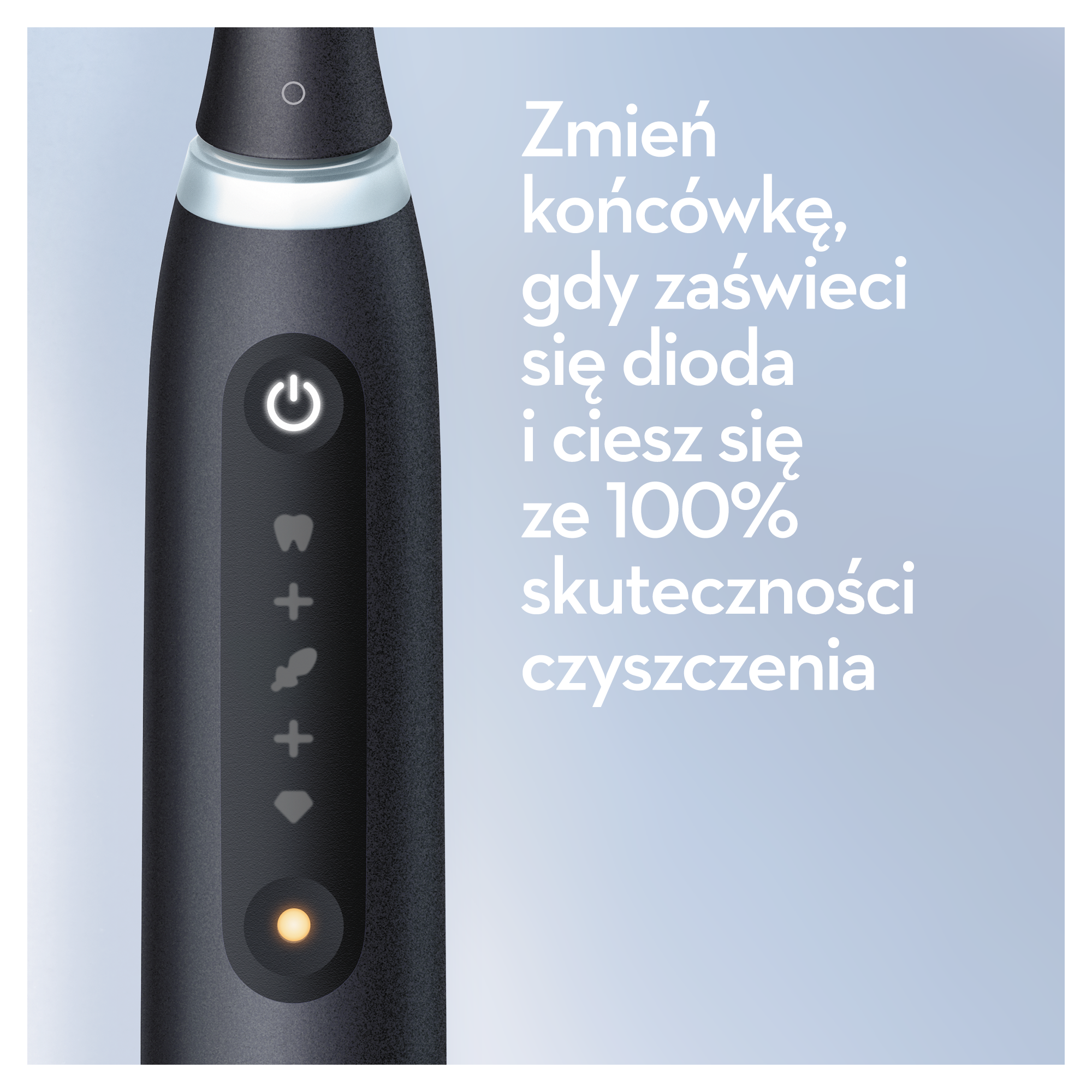 Czarna elektryczna szczoteczka do zębów z białym tekstem. Przycisk zasilania, tryby czyszczenia i wskaźnik świetlny.