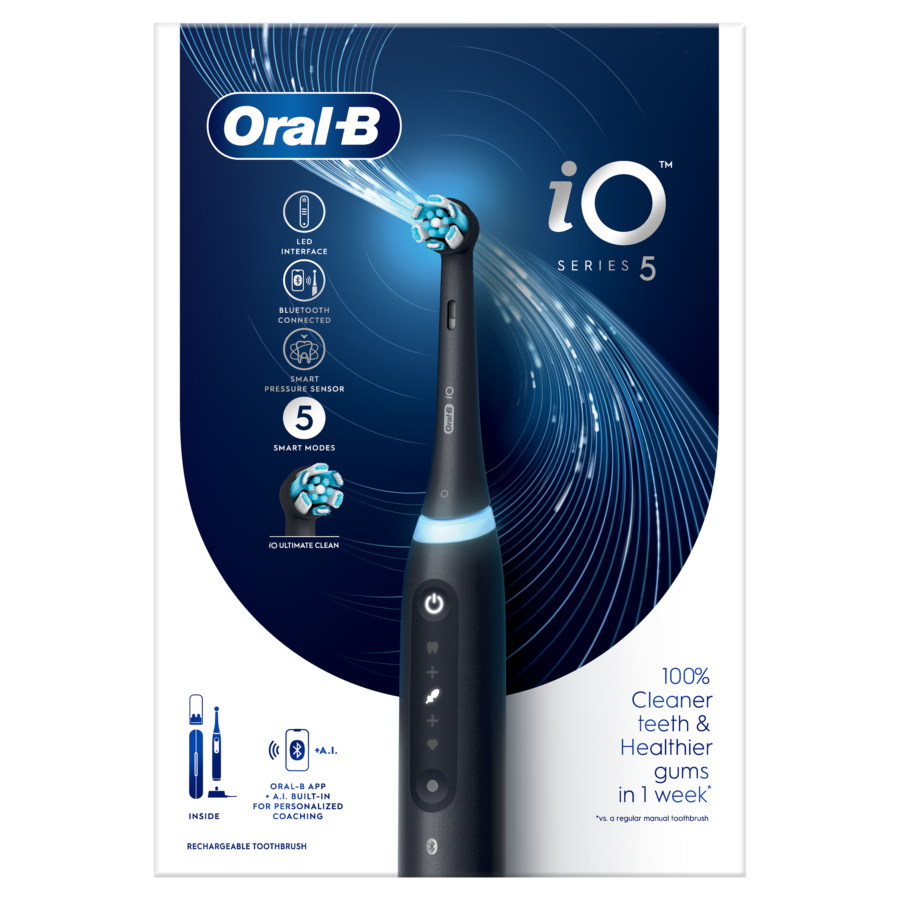 Czarne pudełko szczoteczki elektrycznej Oral-B iO Series 5. Zawiera interfejs LED, Bluetooth, czujnik nacisku i 5 trybów.