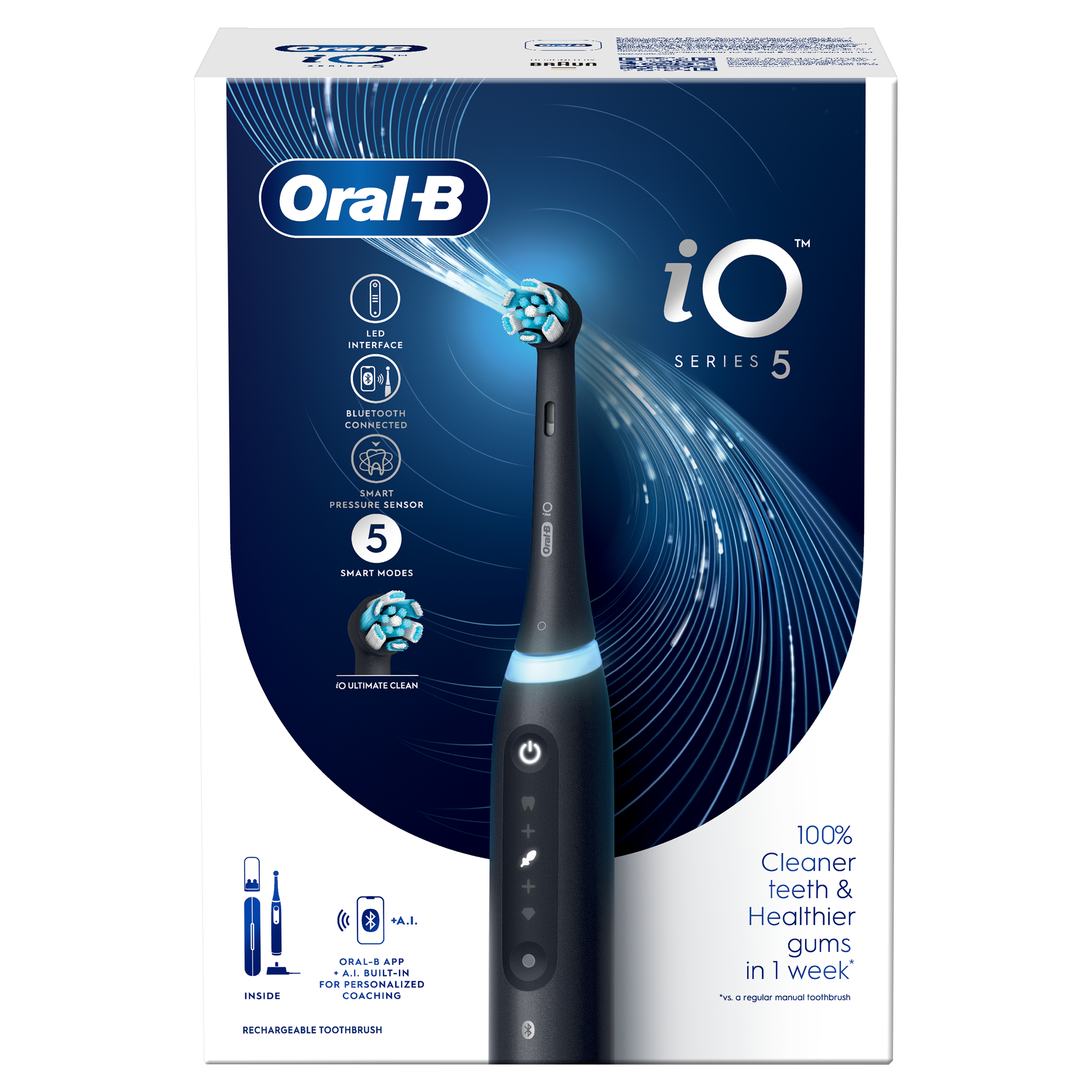 Pudełko przedstawia szczoteczkę Oral-B iO Series 5. Zawiera interfejs LED, Bluetooth, inteligentny czujnik nacisku i tryby inteligentne.