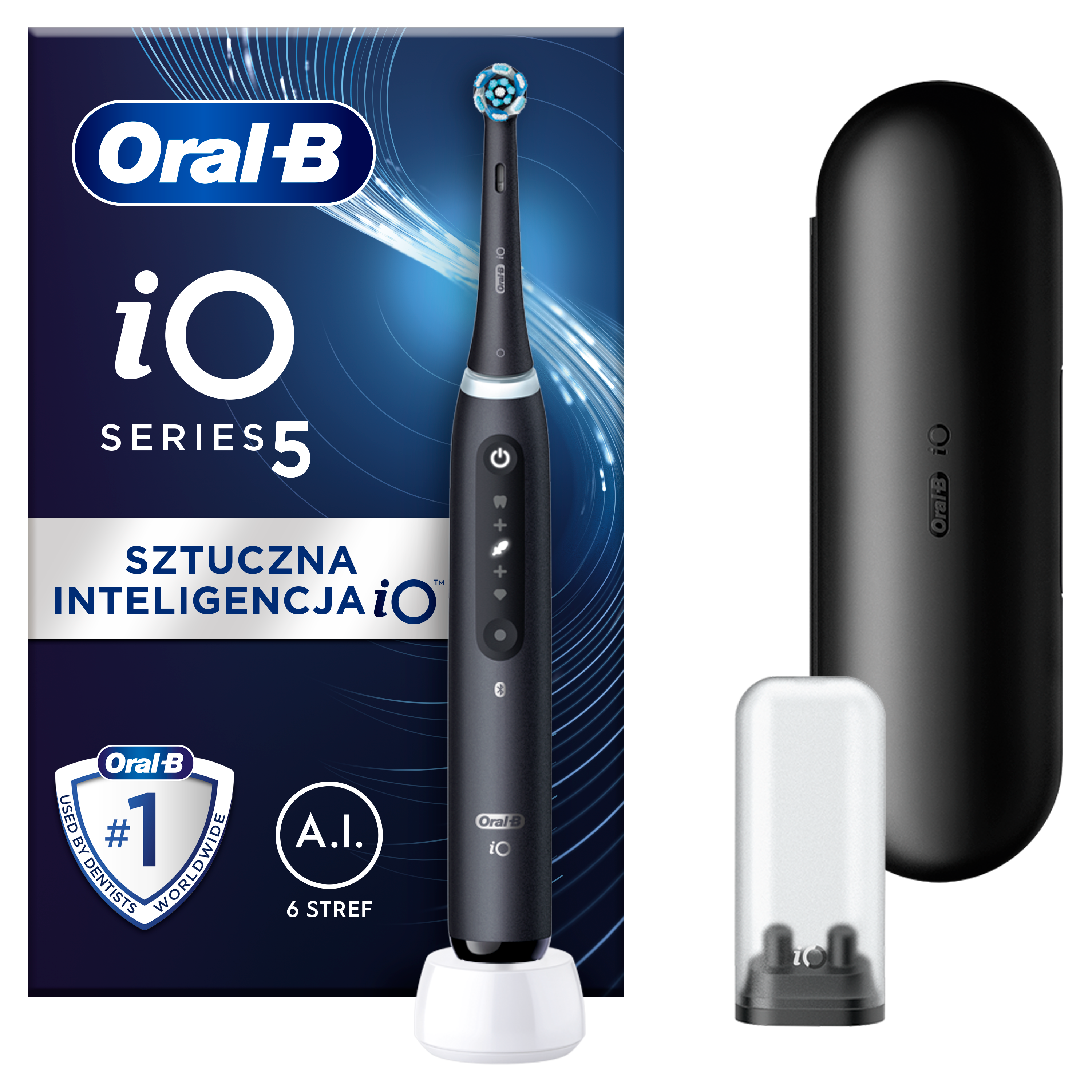 Czarna elektryczna szczoteczka do zębów Oral-B iO Series 5 z białą stacją ładującą i etui.