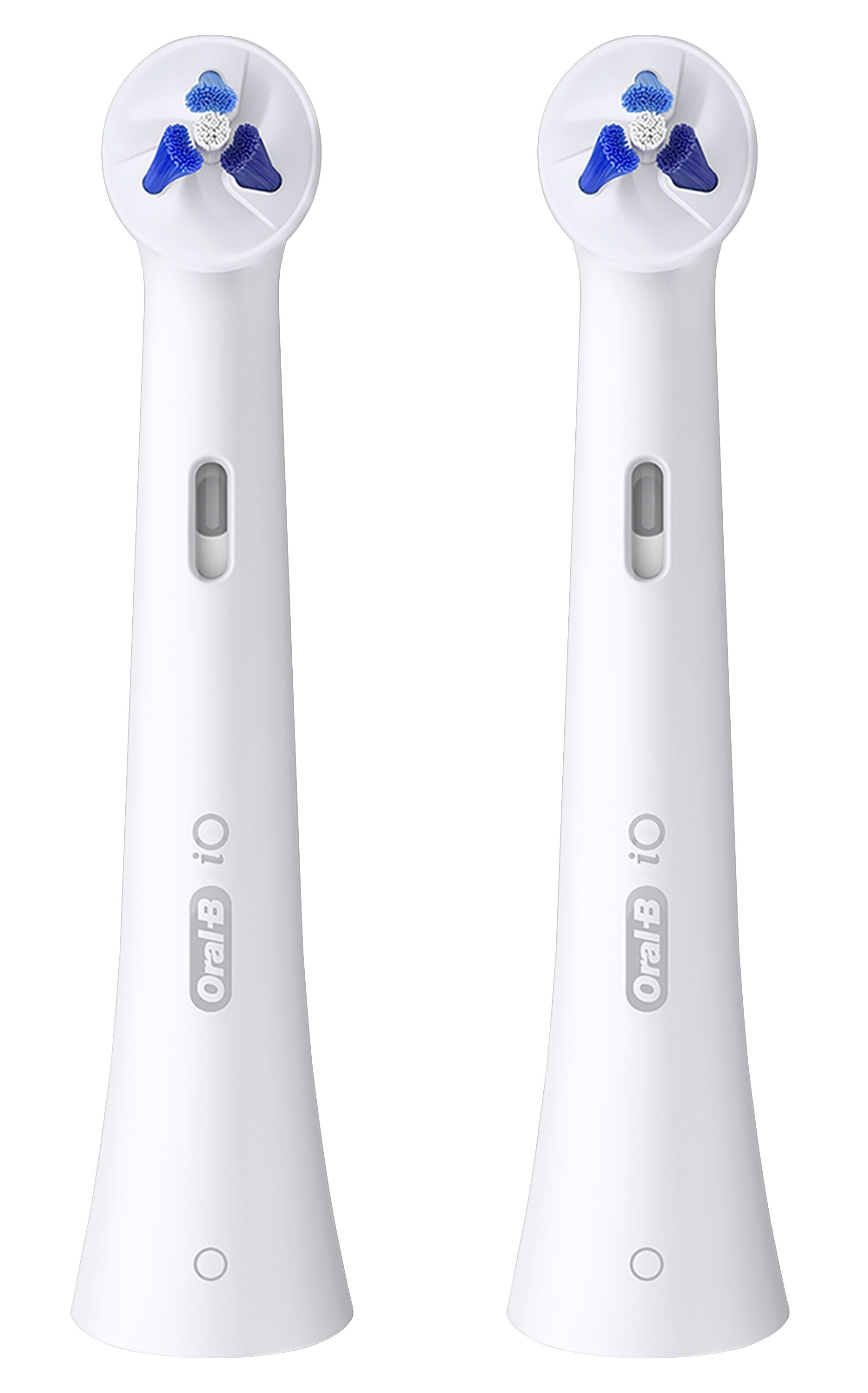 Dwie białe głowice szczoteczki do zębów Oral-B iO. Każda ma głowicę z niebieskim i białym włosiem.