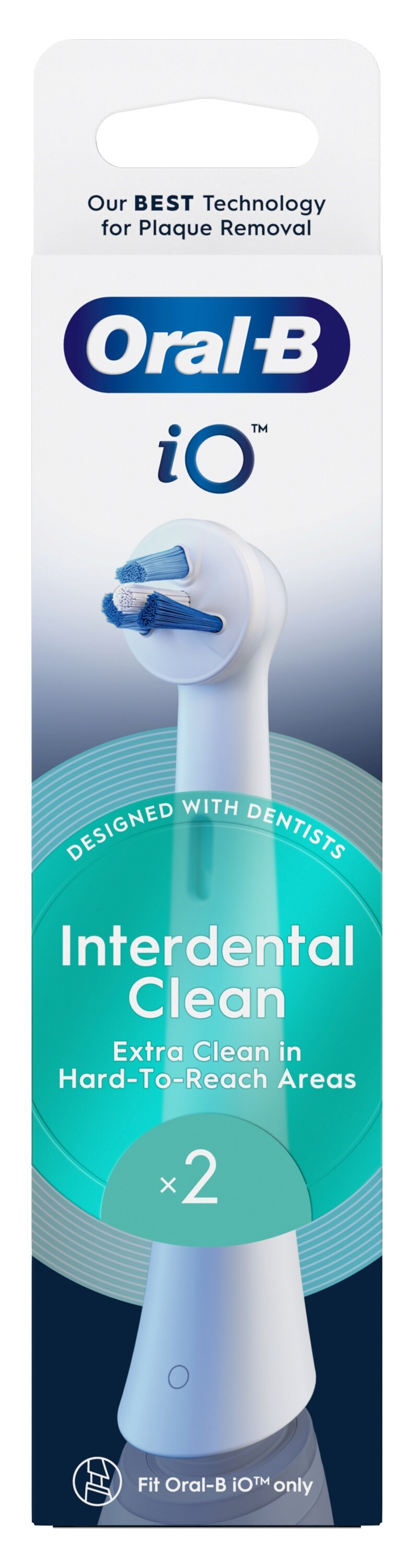 Opakowanie głowicy szczoteczki do zębów Oral-B iO. Wyświetla główkę z niebieskim i białym włosiem oraz tekstem.