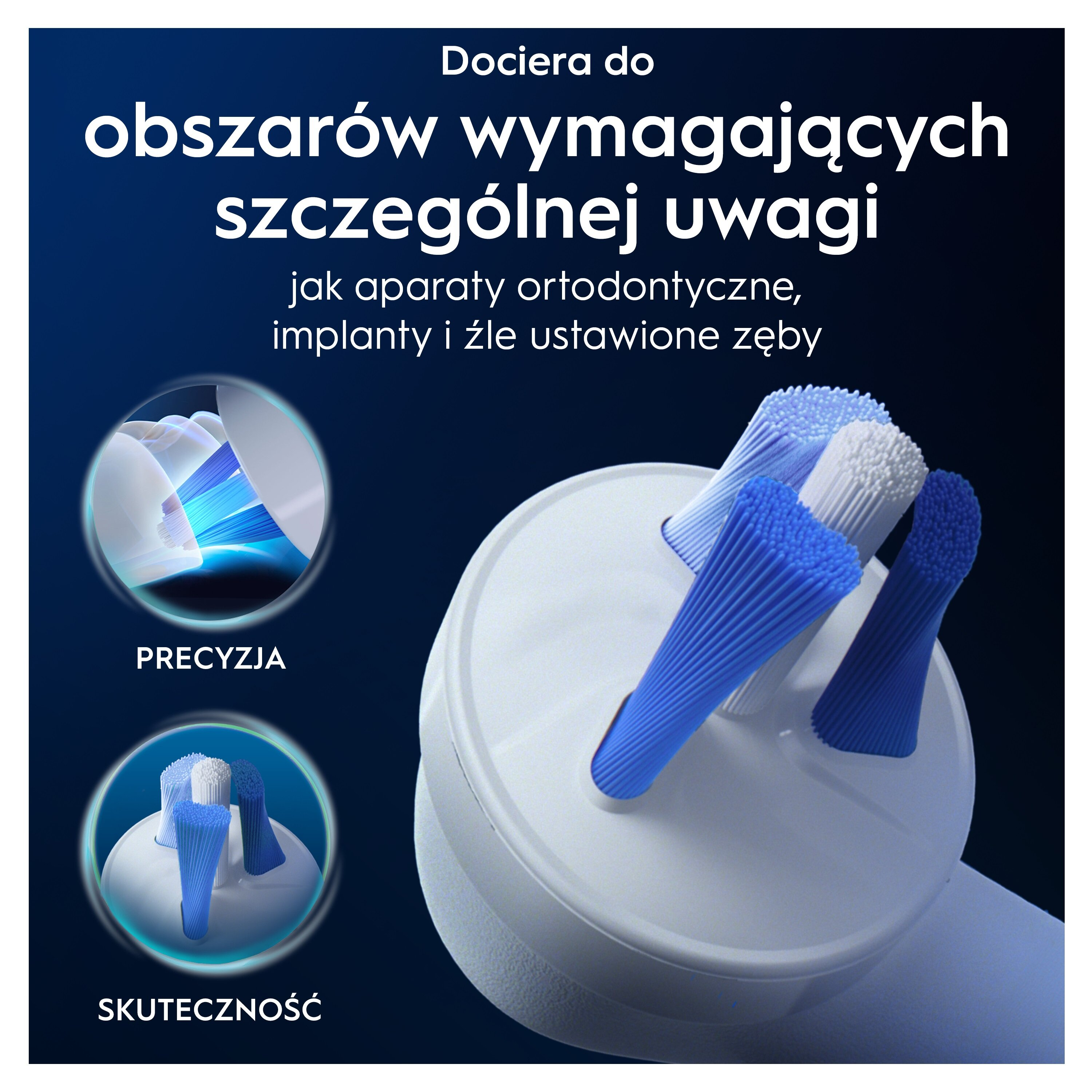 Główka szczoteczki elektrycznej z niebieskim i białym włosiem, tekst po polsku i zdjęcia higieny jamy ustnej.