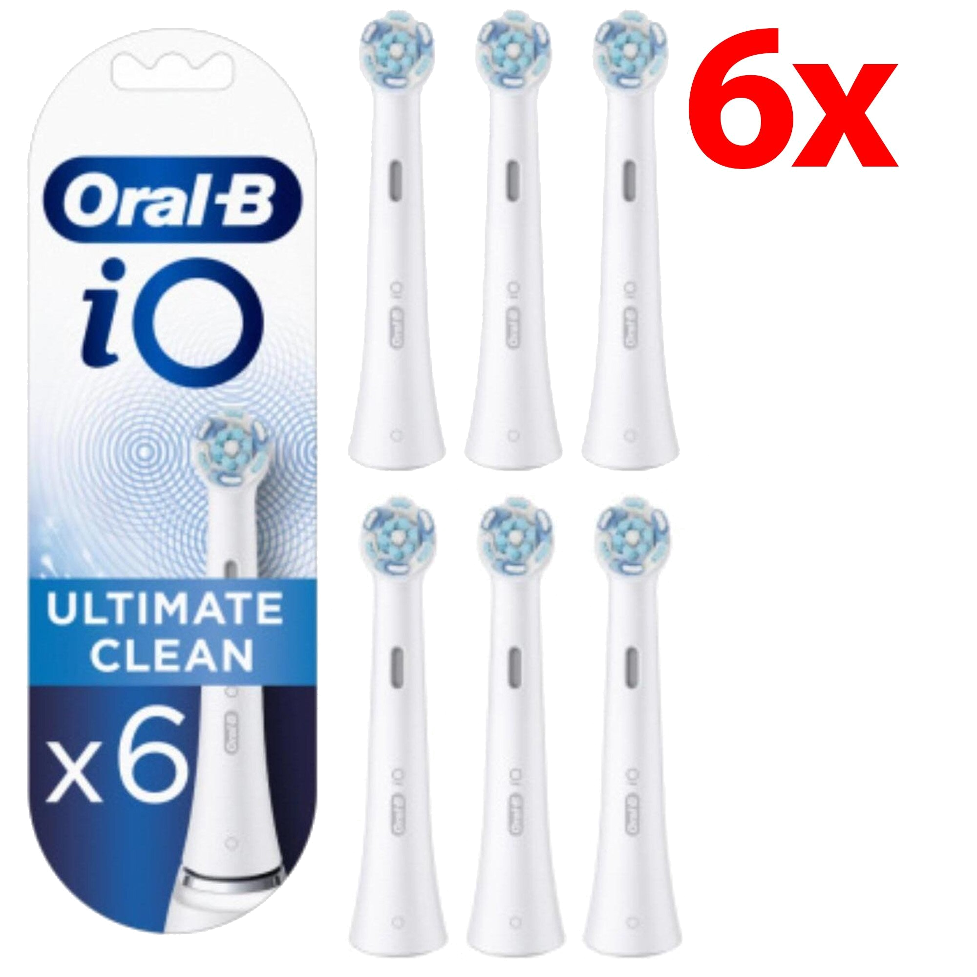 Opakowanie głowic do szczoteczki do zębów Oral-B iO Ultimate Clean, sześć sztuk. Białe głowice z niebieskim włosiem, białe opakowanie z logo i tekstem.