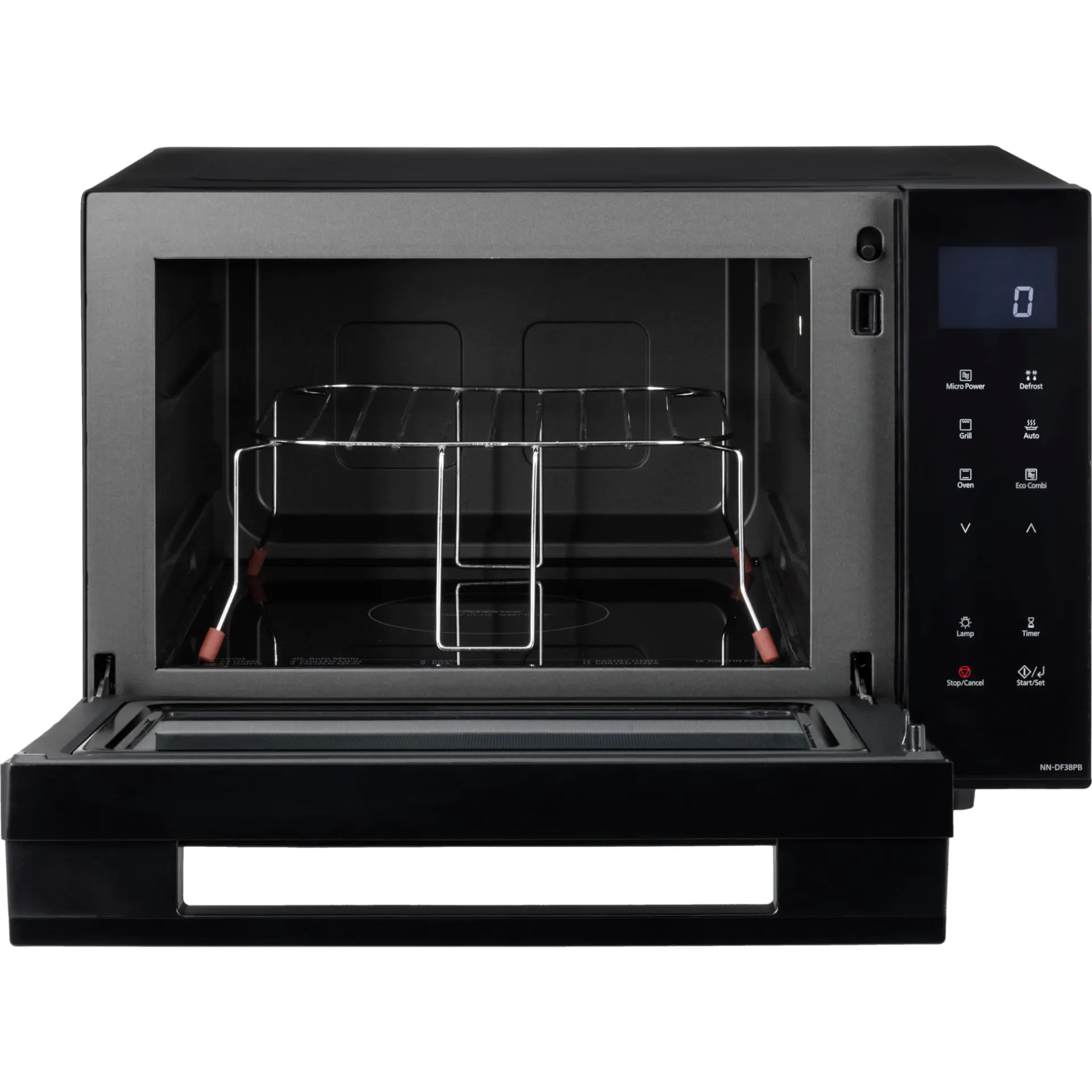 Czarna kuchenka mikrofalowa z otwartymi drzwiami, wewnętrznym rusztem i panelem sterowania. Wyświetlacz pokazuje '0'. Przyciski zasilania, grilla, piekarnika i timera.