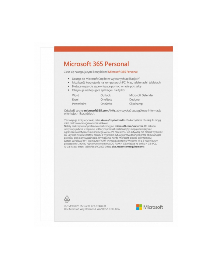 Reklama Microsoft 365 Personal. Tekst na białym tle z logo i ikonami aplikacji.
