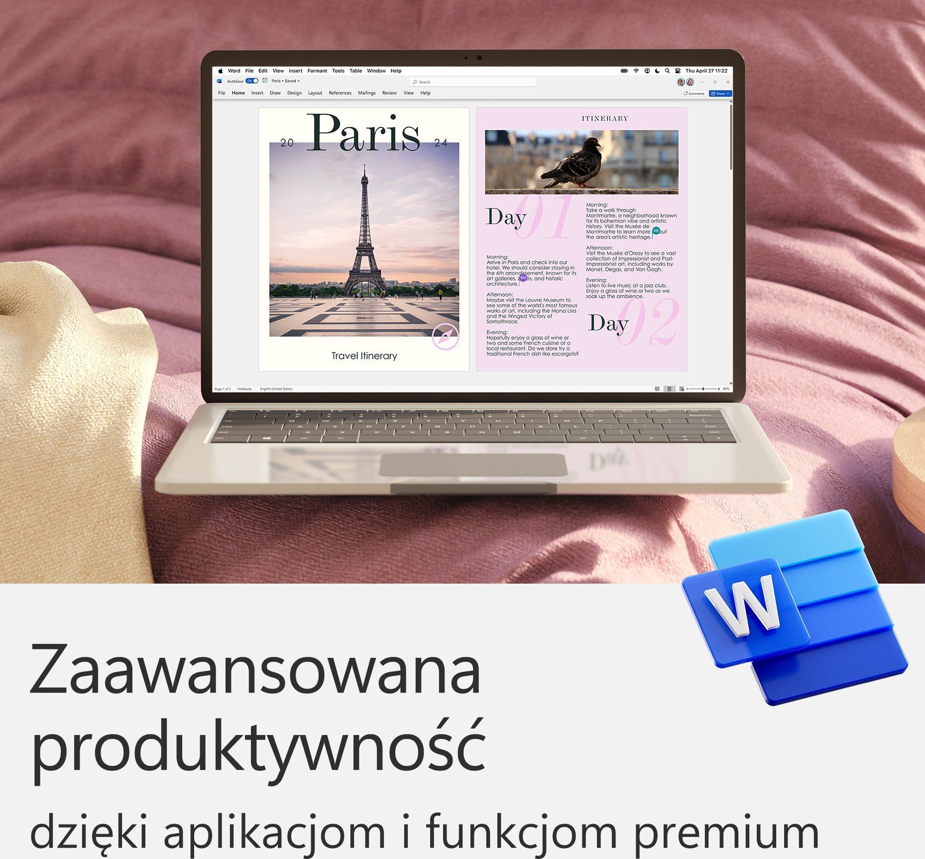 Ekran laptopa pokazuje plan podróży po Paryżu. Ikona Worda jest poniżej. Różowa szmatka jest w tle.