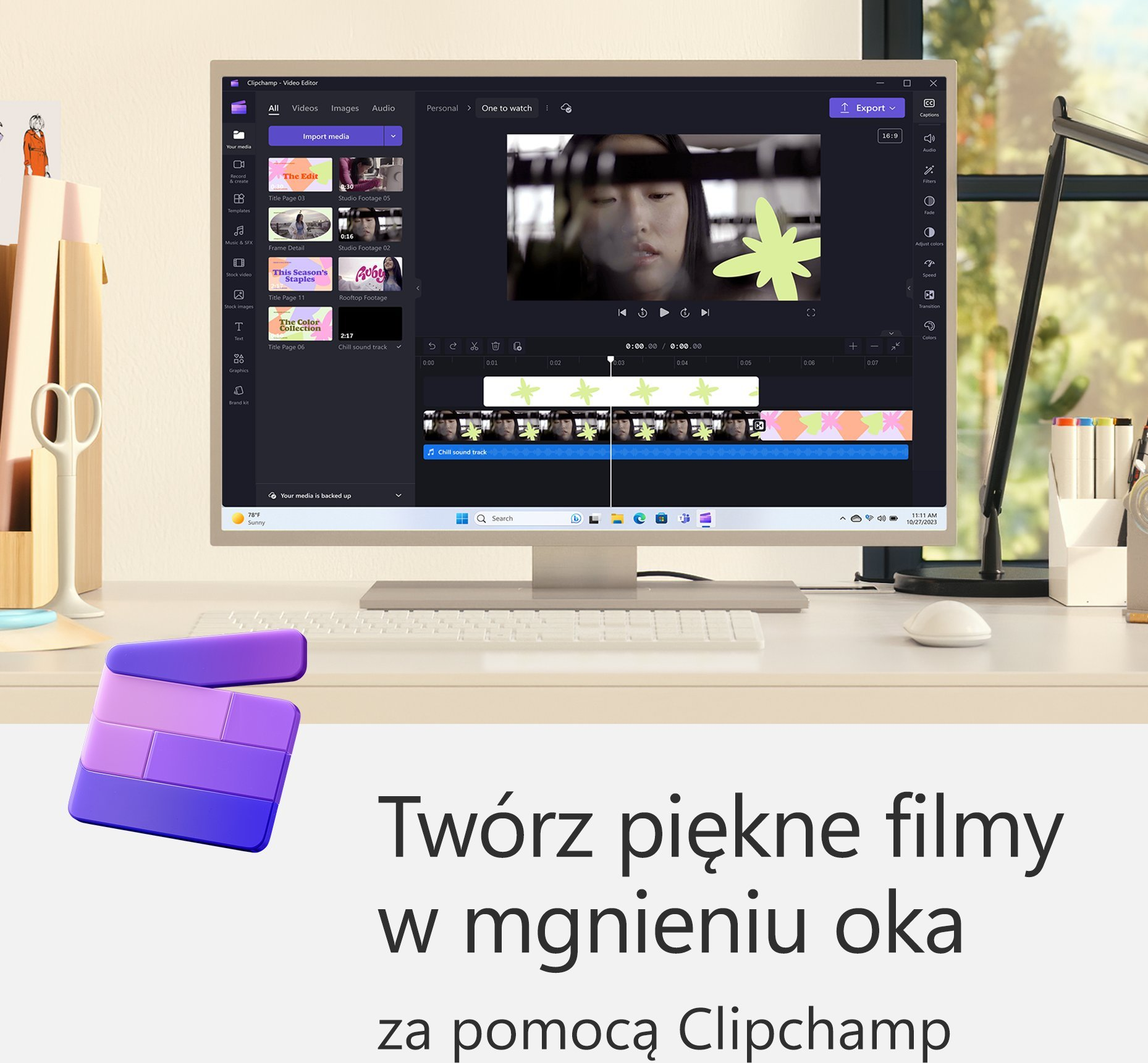 Ekran komputera pokazuje edytor wideo. Kobieta jest na ekranie. Tekst brzmi: Twórz piękne filmy w mgnieniu oka za pomocą Clipchamp.