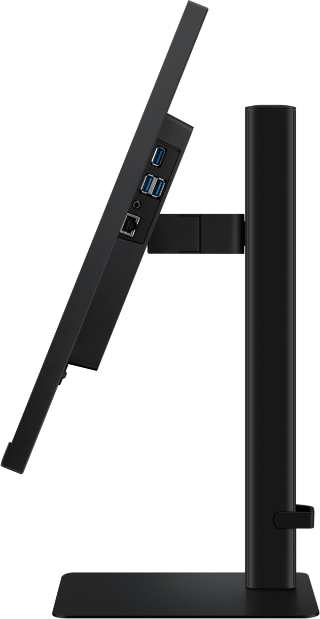 Vue latérale d'un écran d'ordinateur noir. Les ports visibles incluent USB, Ethernet et audio. L'écran est sur un support noir.