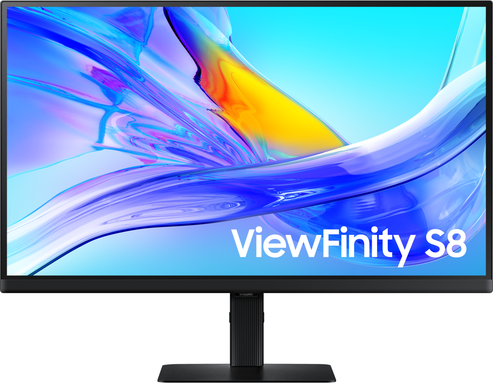 Un moniteur noir affichant un design abstrait coloré avec les mots ViewFinity S8. Le fond est noir.