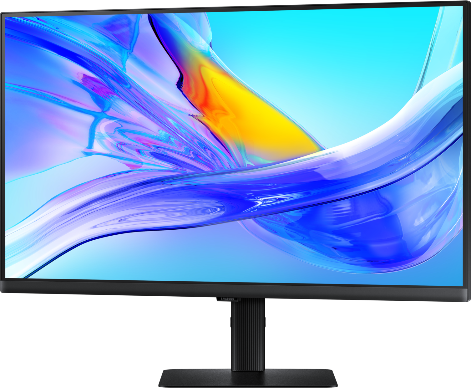 Un écran d'ordinateur noir affiche un motif abstrait bleu, jaune et violet. L'écran est sur un support noir.