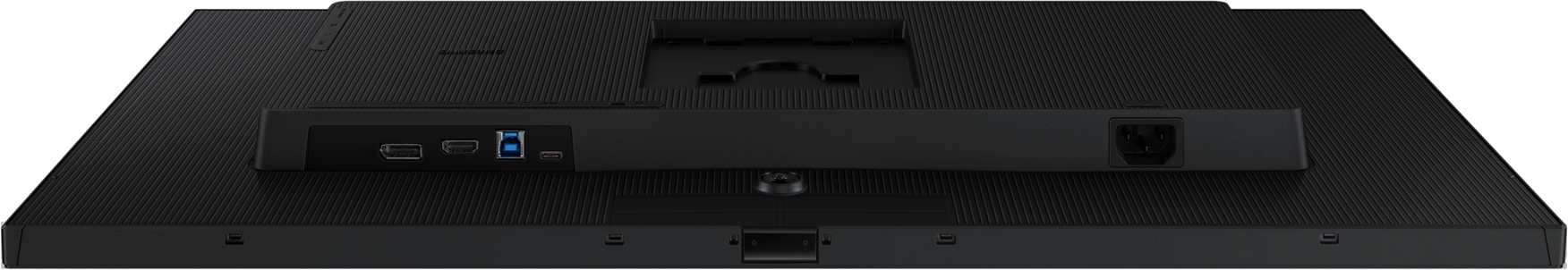 Vue arrière d'un moniteur noir. Affiche les ports USB, HDMI et d'alimentation. La surface a une texture striée.