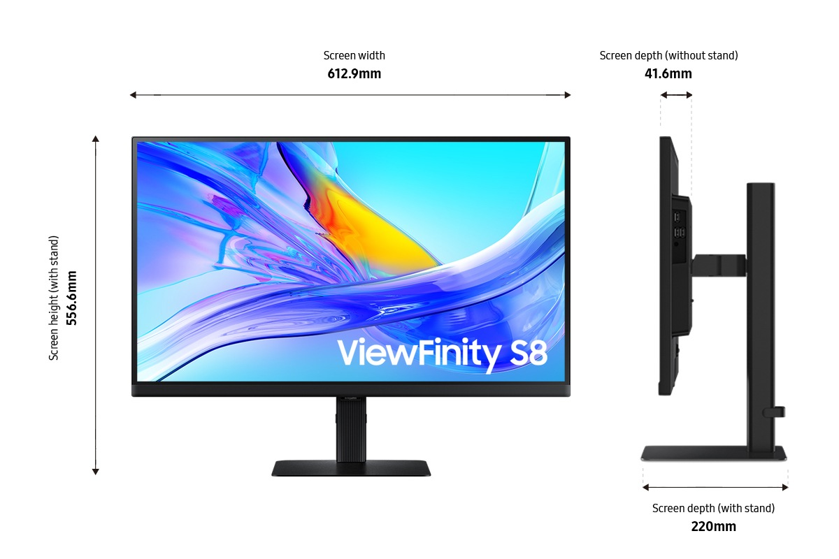 Un moniteur avec des dimensions étiquetées. Il a un cadre noir, un pied et le texte 'ViewFinity S8'. L'écran affiche des graphiques colorés.