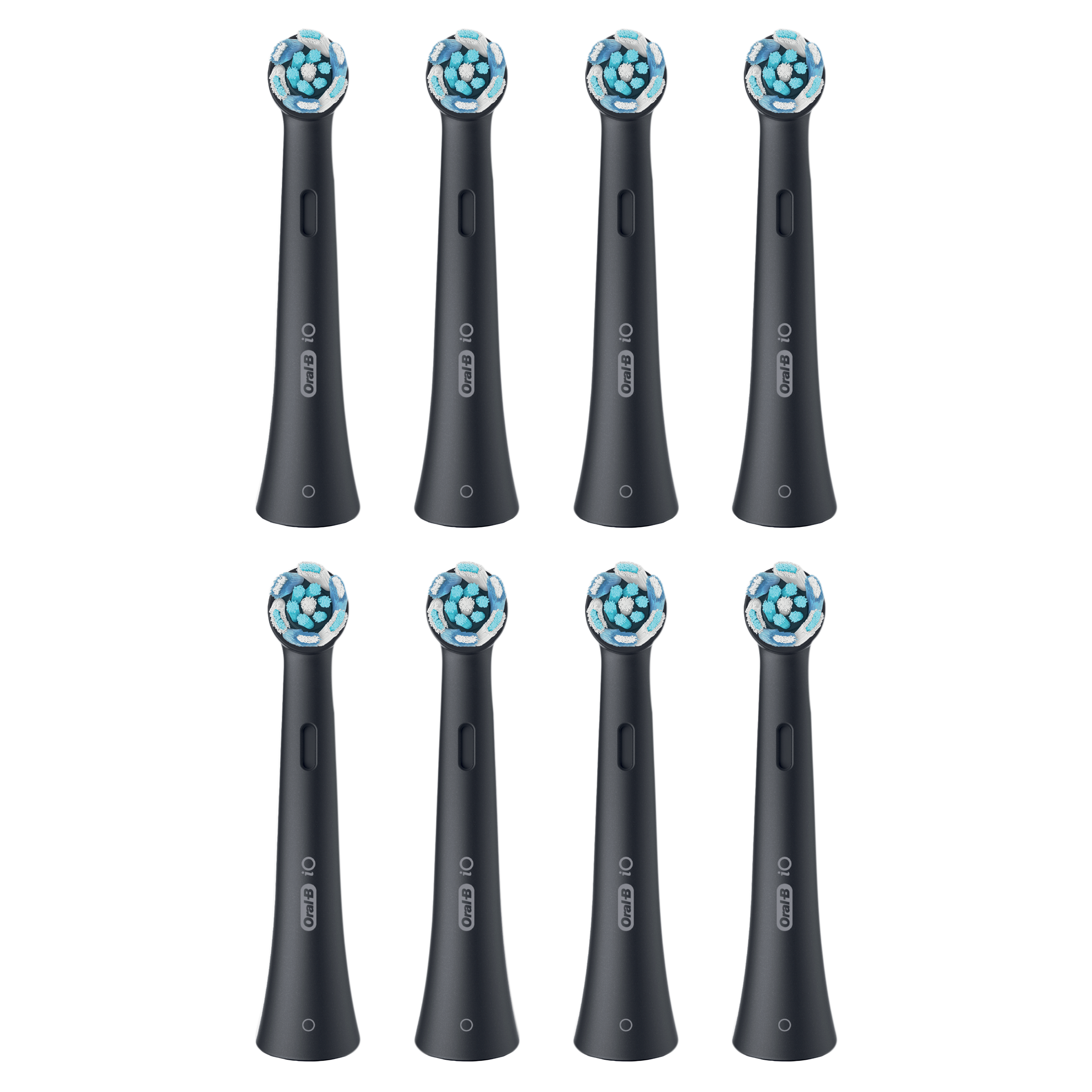 Osiem czarnych głowic szczoteczki do zębów Oral-B iO jest ułożonych na czarnym tle. Każda głowica ma białe, niebieskie włosie.