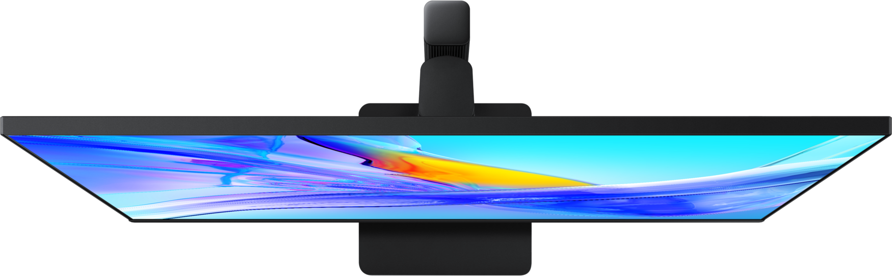 Un moniteur noir affiche une image abstraite colorée. Le moniteur est sur un support noir sur fond noir.