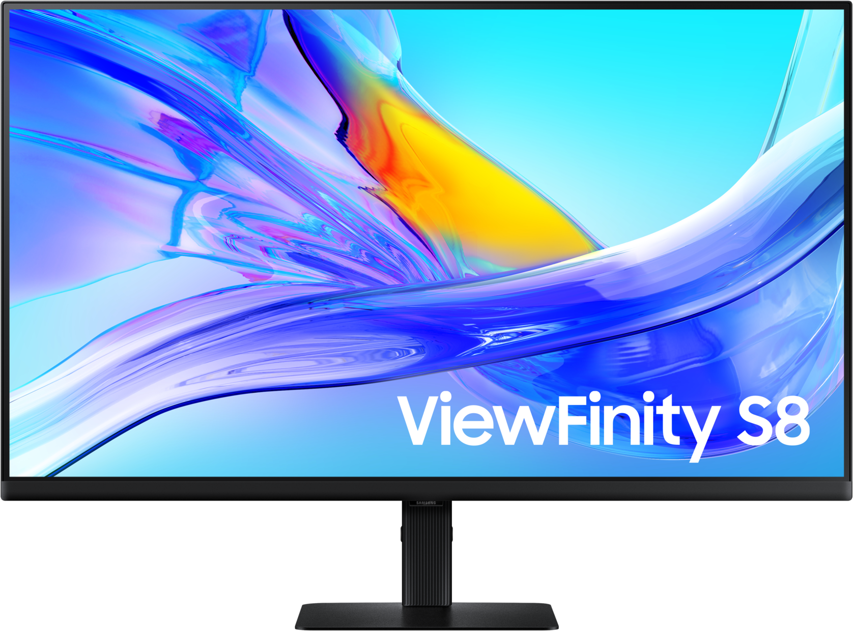 Un moniteur Samsung ViewFinity S8. L'écran affiche un design abstrait vibrant avec des teintes bleues, jaunes et violettes.